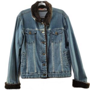 DENIM Blue Denim Jacket with Pockets and Faux Fur on Collar and Cuffs Size 14